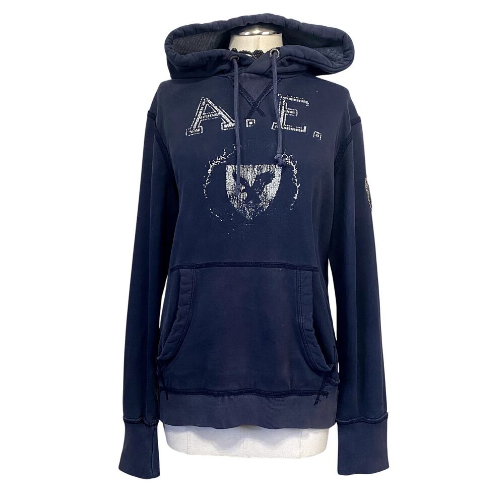 American Eagle Vintage Y2k Grunge Distressed‎ Lined Patch Navy Pullover Hoodie